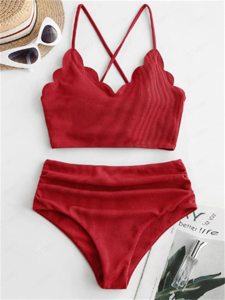 Bikini Women Swimsuit 2025 New Solid Ribbed Sling Bikinis Set Sexy High Waist Swimwear Summer 2 Piece Beach Bathing Suit Female