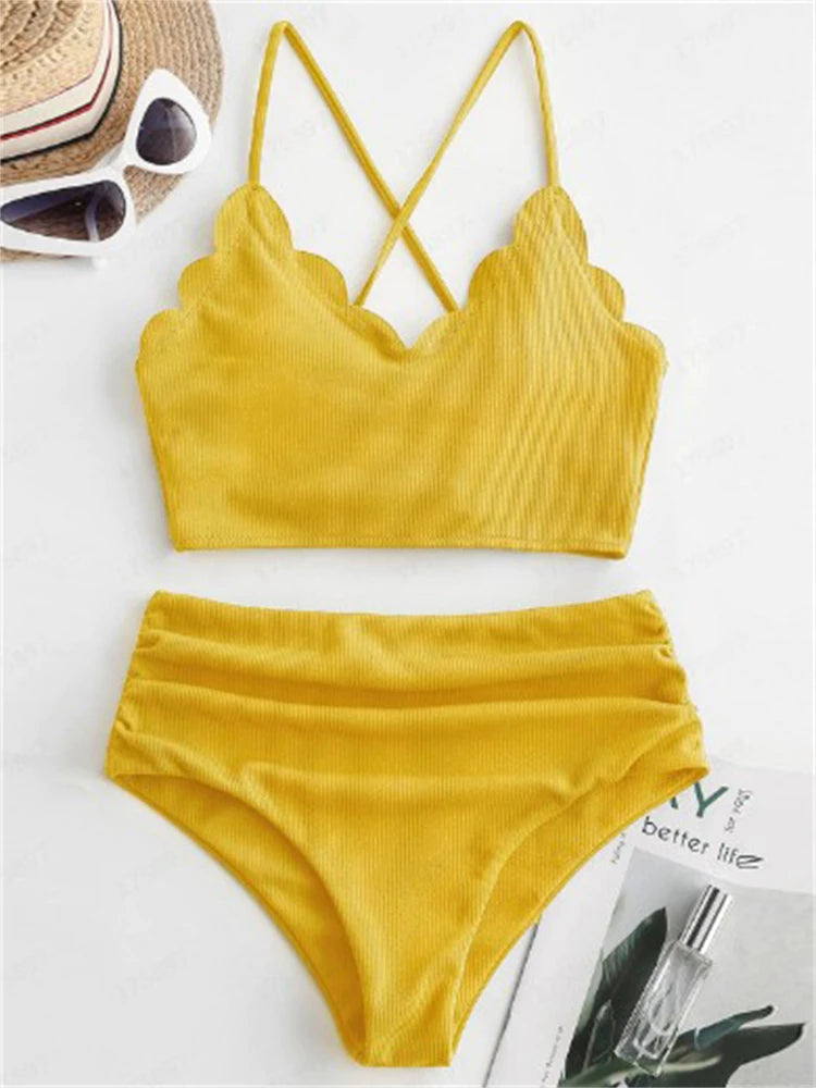 Bikini Women Swimsuit 2025 New Solid Ribbed Sling Bikinis Set Sexy High Waist Swimwear Summer 2 Piece Beach Bathing Suit Female
