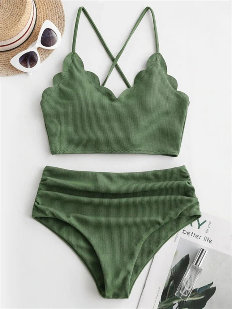 Bikini Women Swimsuit 2025 New Solid Ribbed Sling Bikinis Set Sexy High Waist Swimwear Summer 2 Piece Beach Bathing Suit Female